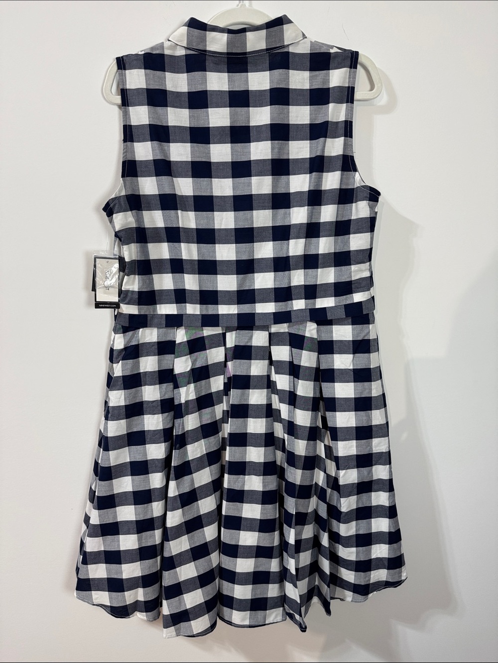 Nine West Navy & White Gingham Sleeveless Collared Midi Dress - Size 12 - Picture 6 of 9